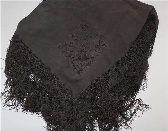 A Chinese embroidered black satin shawl, c.1900